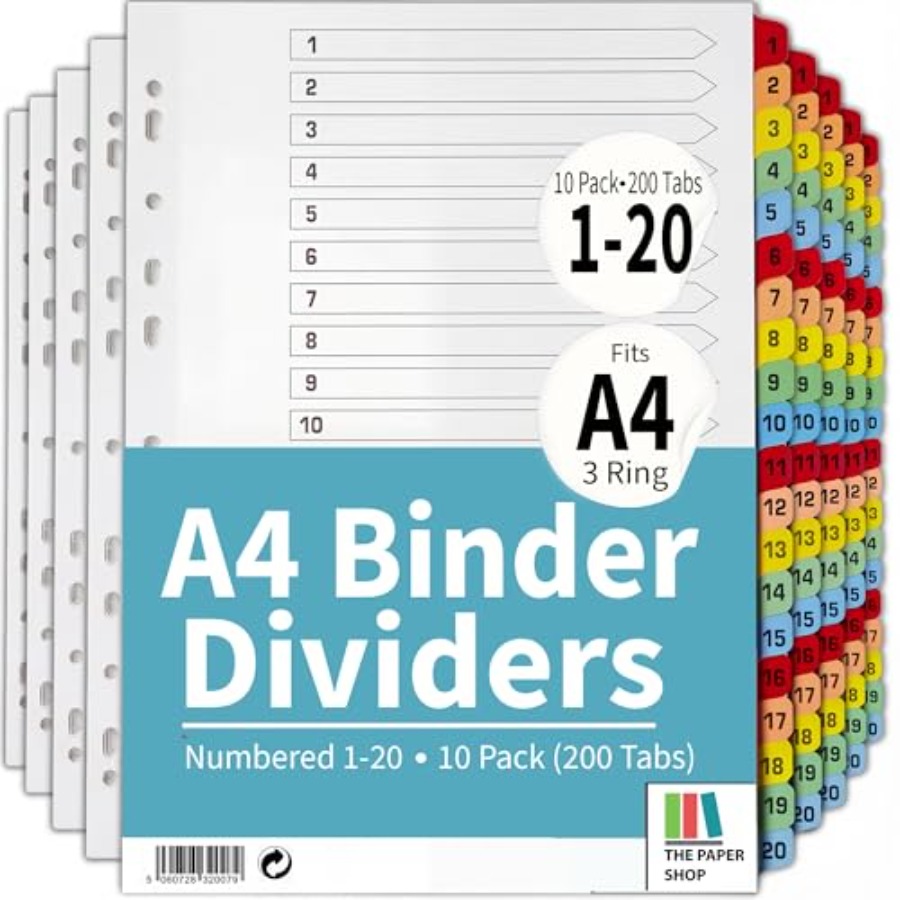 Tab Divider A4 - Binder Dividers with Tabs -20 Numbered